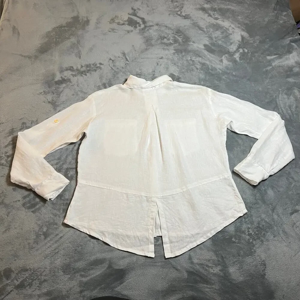 Just Jill 100% Linen Button Up Shirt Size S Roll Tab Sleeve Coastal Beach Casual - Picture 2 of 9